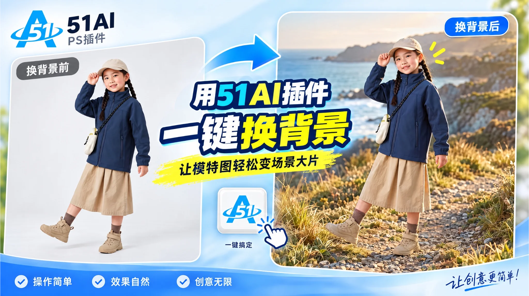 51AI换背景教程:白底模特图一键换成实景大片(51PsAI 人物换背景)