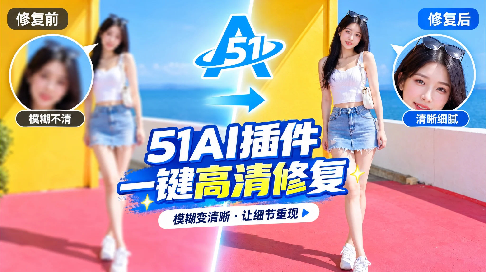 51AI PS 插件高清修复教程|一键图片无损放大提升画质